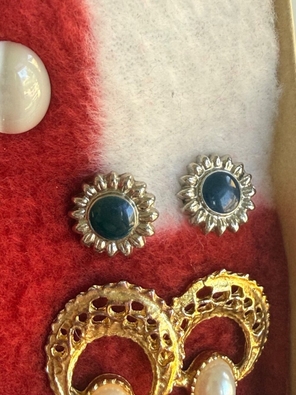 Vintage Pierced Earrings Set Of 5 Featuring Gold, Pearl, Red, Blue, Green Tones - Picture 9 of 10